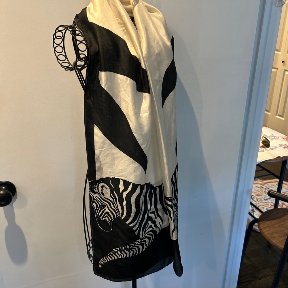 Zebra Silk Print Scarf Signed KJ VINTAGE black White Artisan Pashmina Size